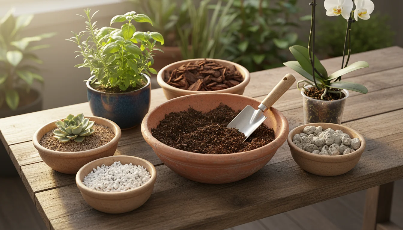 Organized potting table on a sunny balcony with open bowls of coco coir, perlite, bark, pumice, a mixing bowl, and various potted plants.