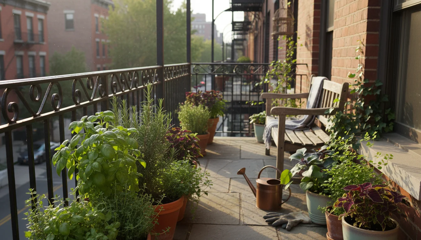Organized small balcony showing pots placed for sun and shade along a clear path. A foot steps past a heavy tomato pot.