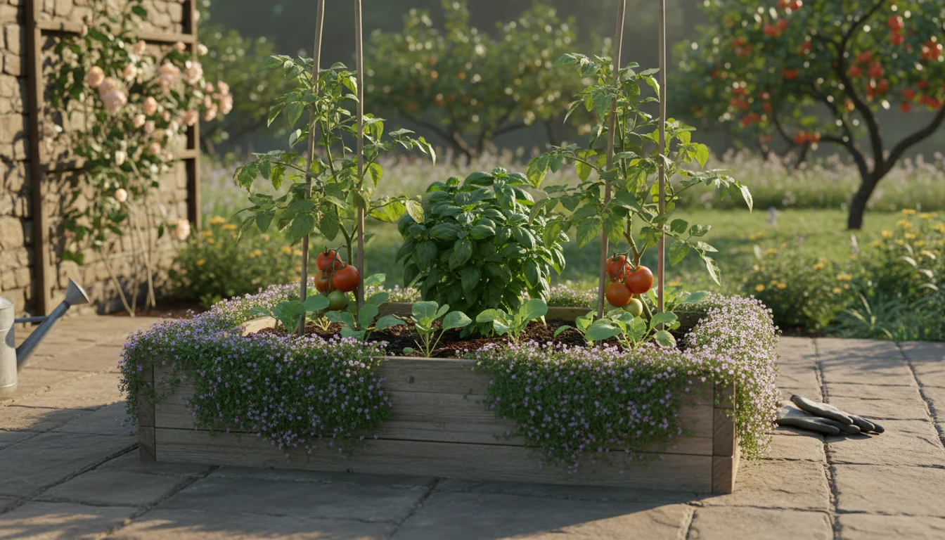 Organized small raised garden bed with companion planting. Thyme borders brassicas, basil grows between tomatoes on a patio.
