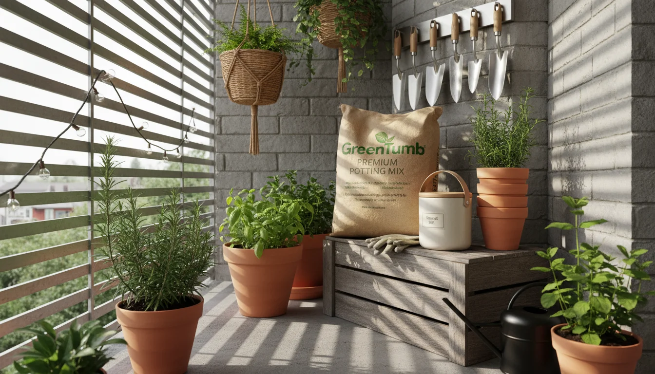 Organized small-space gardening storage on an urban balcony with a bag of potting mix on a wooden crate and an airtight container.