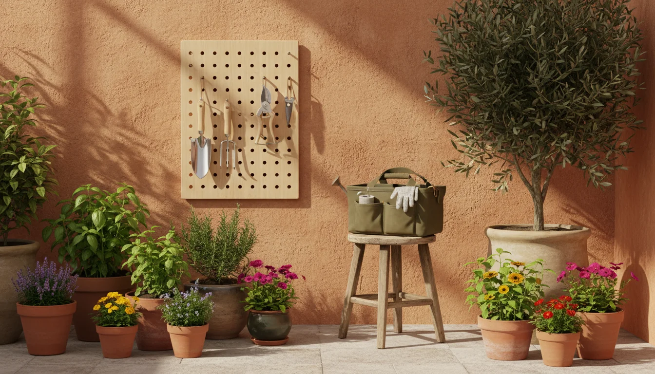 Organized small urban patio with a wooden pegboard holding hand tools on a terracotta wall, thriving container plants, and a garden caddy on a stool.