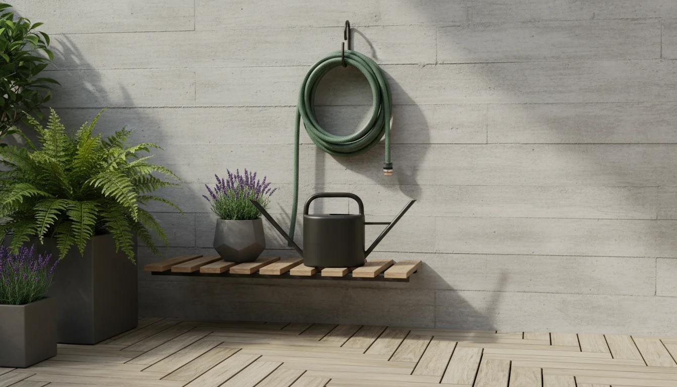 Neatly organized watering can, coiled hose, and small basket of drip system parts on a wooden shelf in a tidy patio corner.