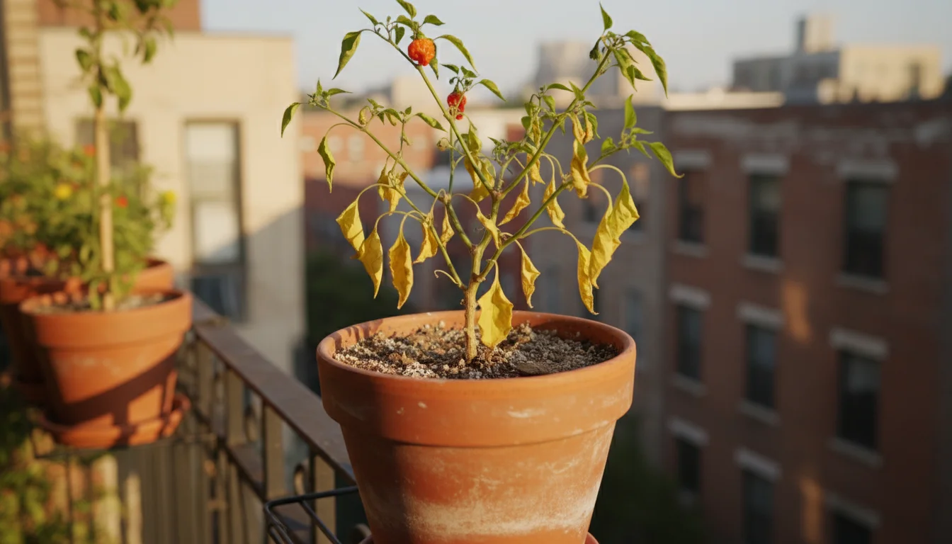 Ornamental pepper plant in a terracotta pot on a balcony railing, clearly showing uniform yellowing on its lower leaves, with slightly damp soil.
