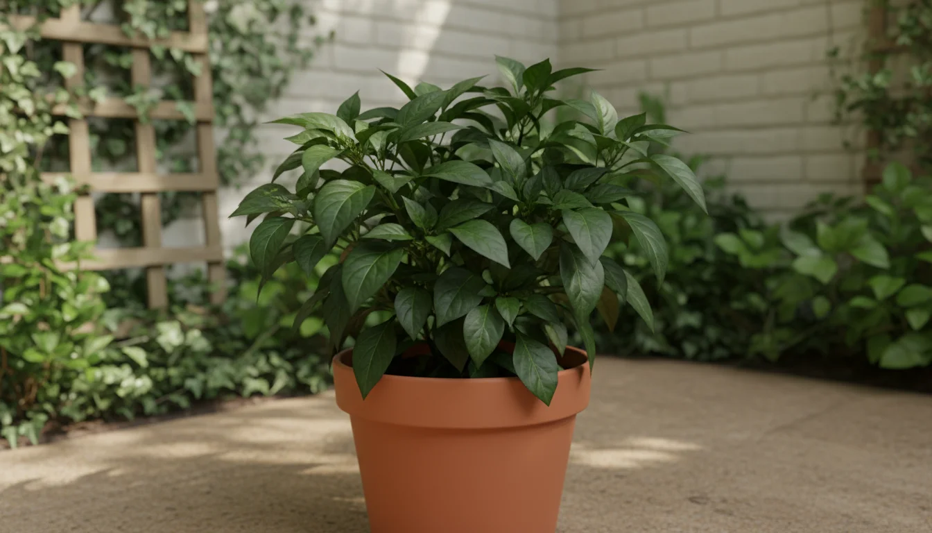 An ornamental pepper plant in a terracotta pot with lush green leaves, but no peppers or flowers visible, on a patio in dappled sunlight.
