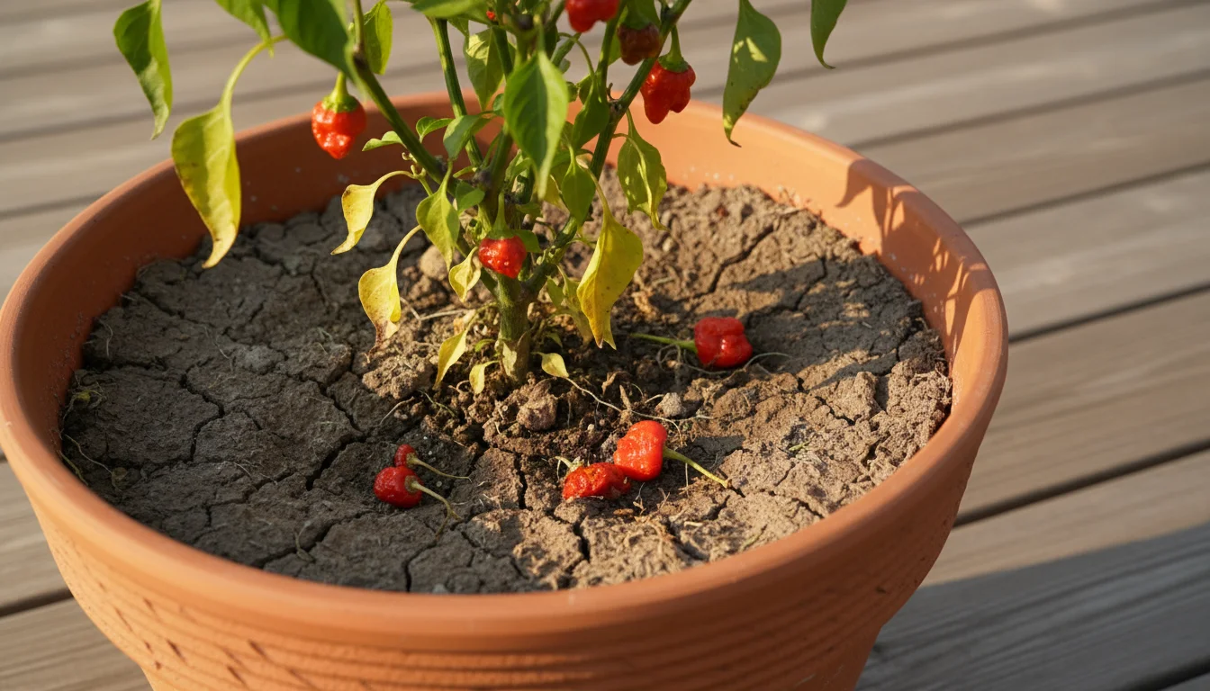 Close-up of an ornamental pepper plant in a terracotta pot on a patio, with dry, cracked soil and several small, shriveled peppers fallen at its base,