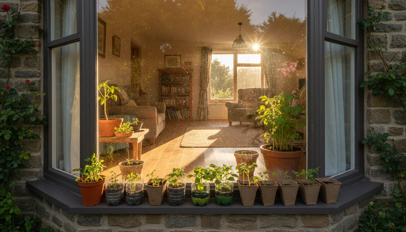 Wide shot from outside, looking into a sun-drenched south-facing window filled with small pots of vibrant green seedlings.