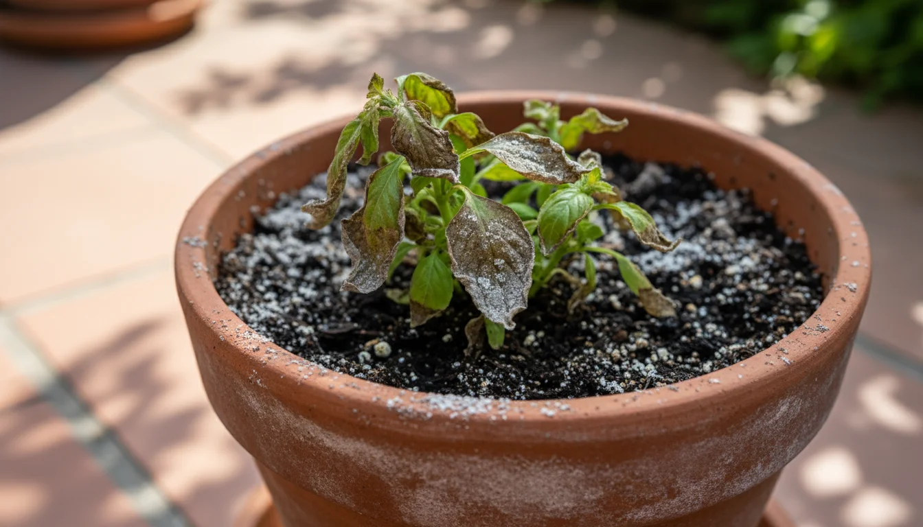 A close-up of an over-fertilized potted basil plant with brown, crispy leaves and white salt crust on the soil and pot rim.