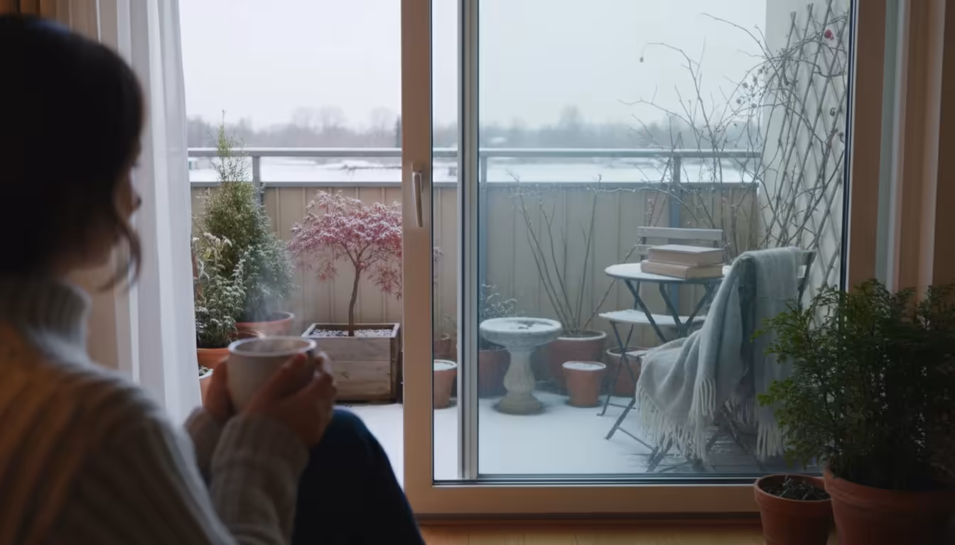 Over-the-shoulder view from indoors, looking out through a misty glass door at a quiet balcony garden with dormant plants in various containers under 
