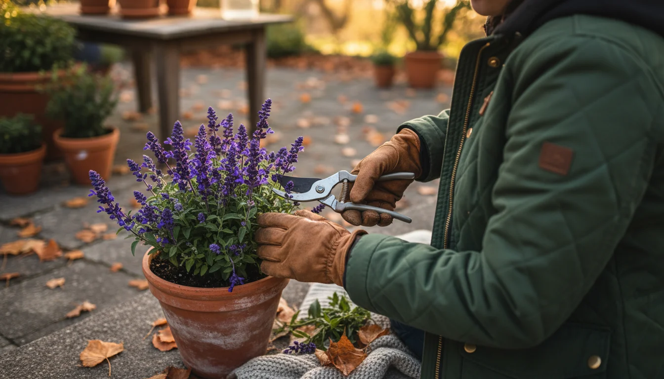 Close-up over-the-shoulder view of a person pruning a container plant, poised to cut a spent flower head and yellowing leaf above a healthy node.