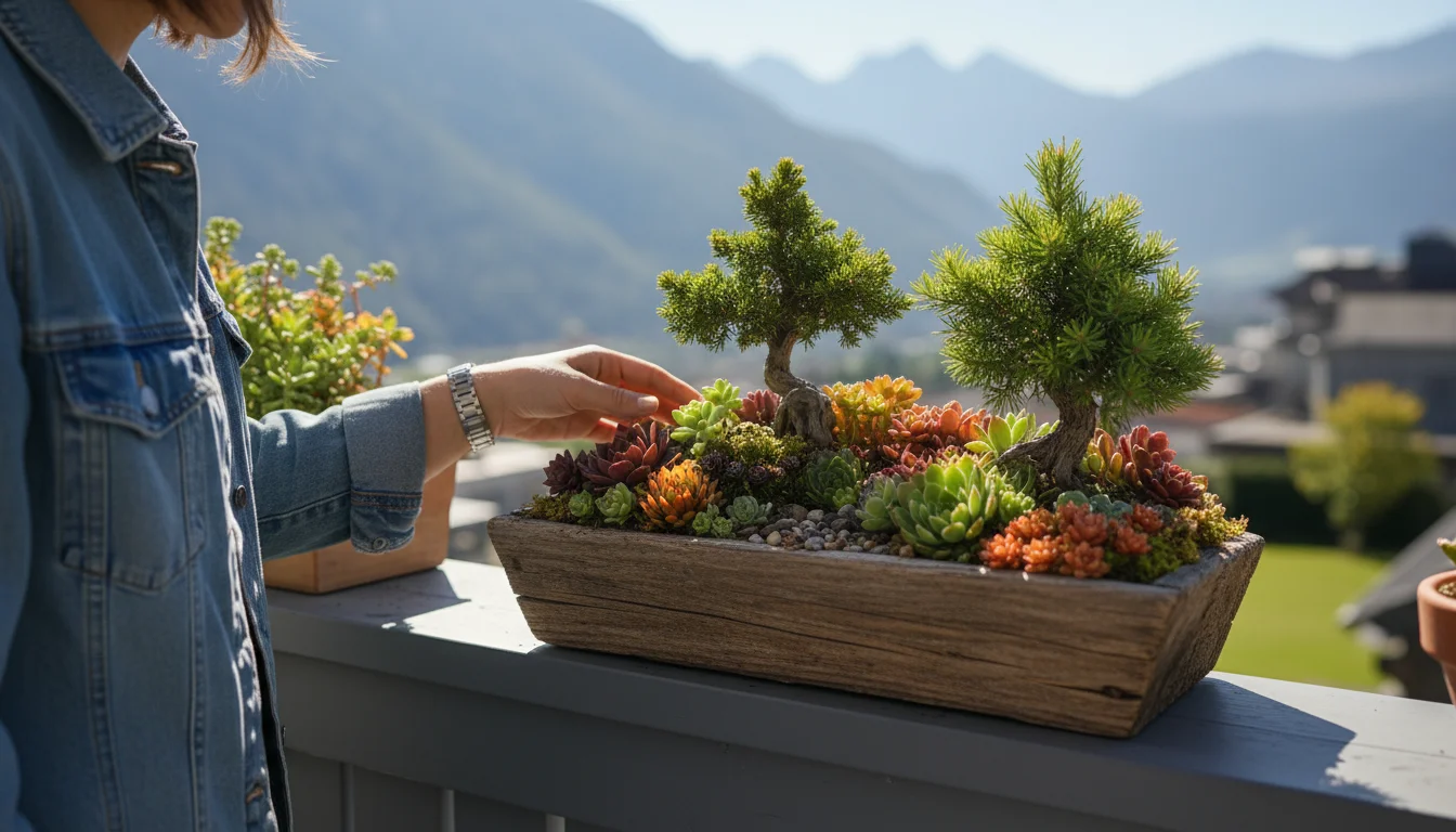 Over-the-shoulder view of a person looking into a vibrant miniature alpine trough on a balcony railing, filled with diverse small plants.