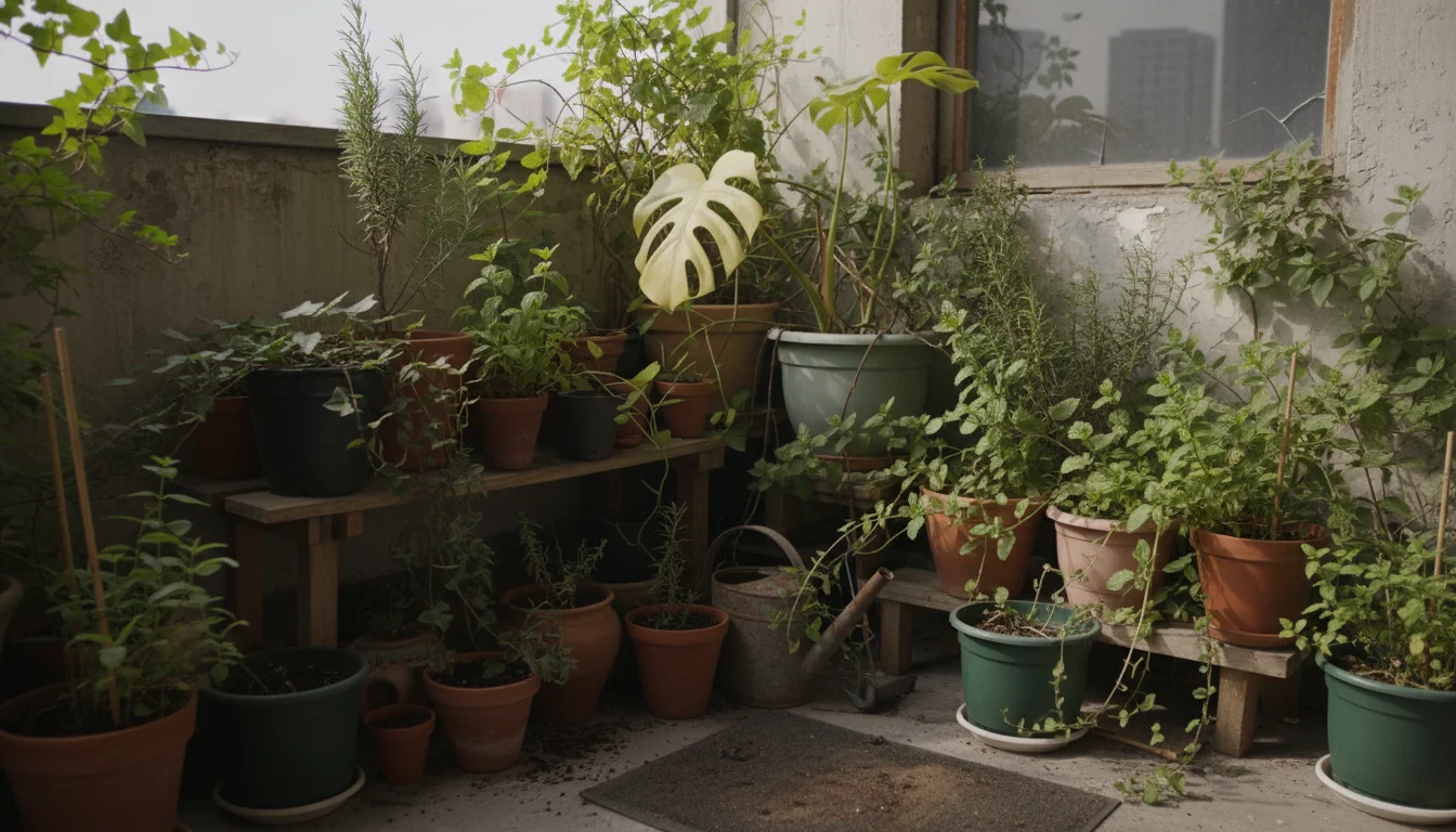Overcrowded apartment balcony corner with many different potted plants crammed together, some looking pale and stretched due to lack of light.