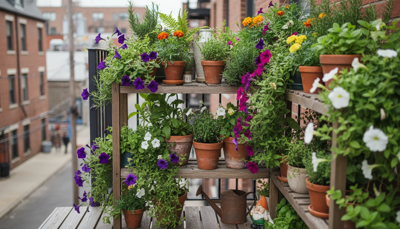 Overcrowded container plants on a small balcony shelf, with a basil plant in foreground showing dark wet soil and slight yellowing leaves.