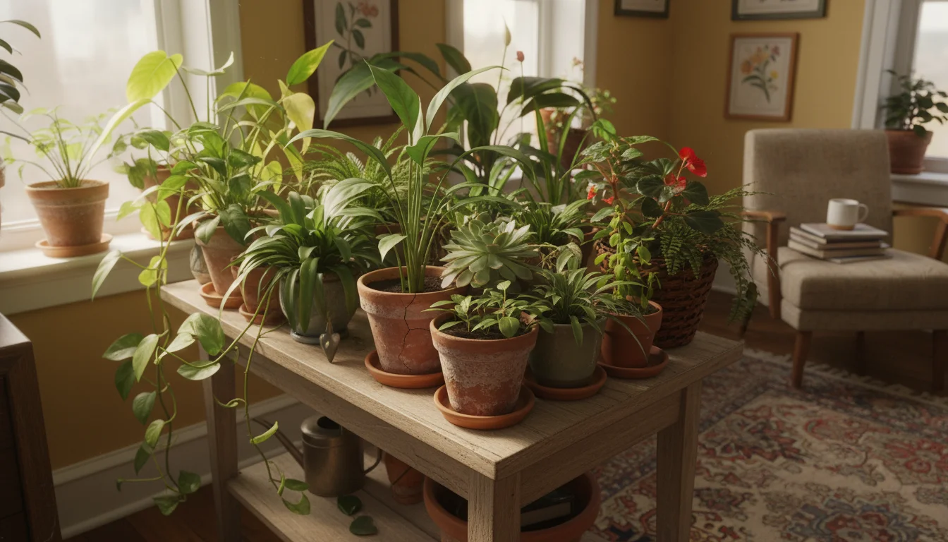Overcrowded houseplants on a wooden table, some with dry soil, others damp. A leggy pothos and drooping peace lily hint at neglect.