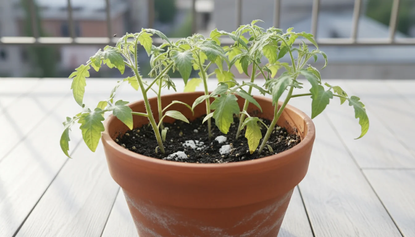 Overcrowded, pale green tomato plants showing stress inside a terracotta pot on a light wooden balcony floor.