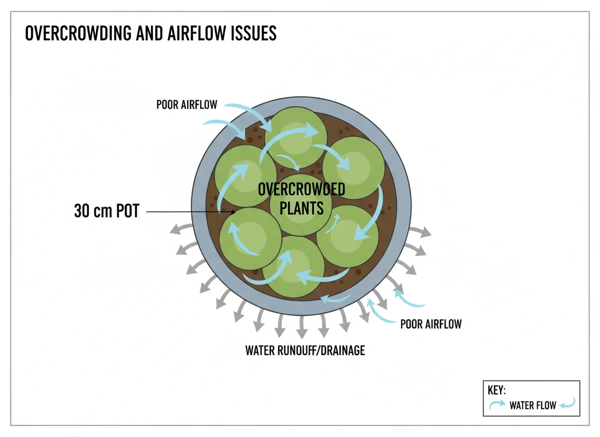 Overcrowded 30cm pot diagram: poor airflow, water flow blocked by leaves. Clean labels on plant, pot, soil, water. Arrows show flow.
