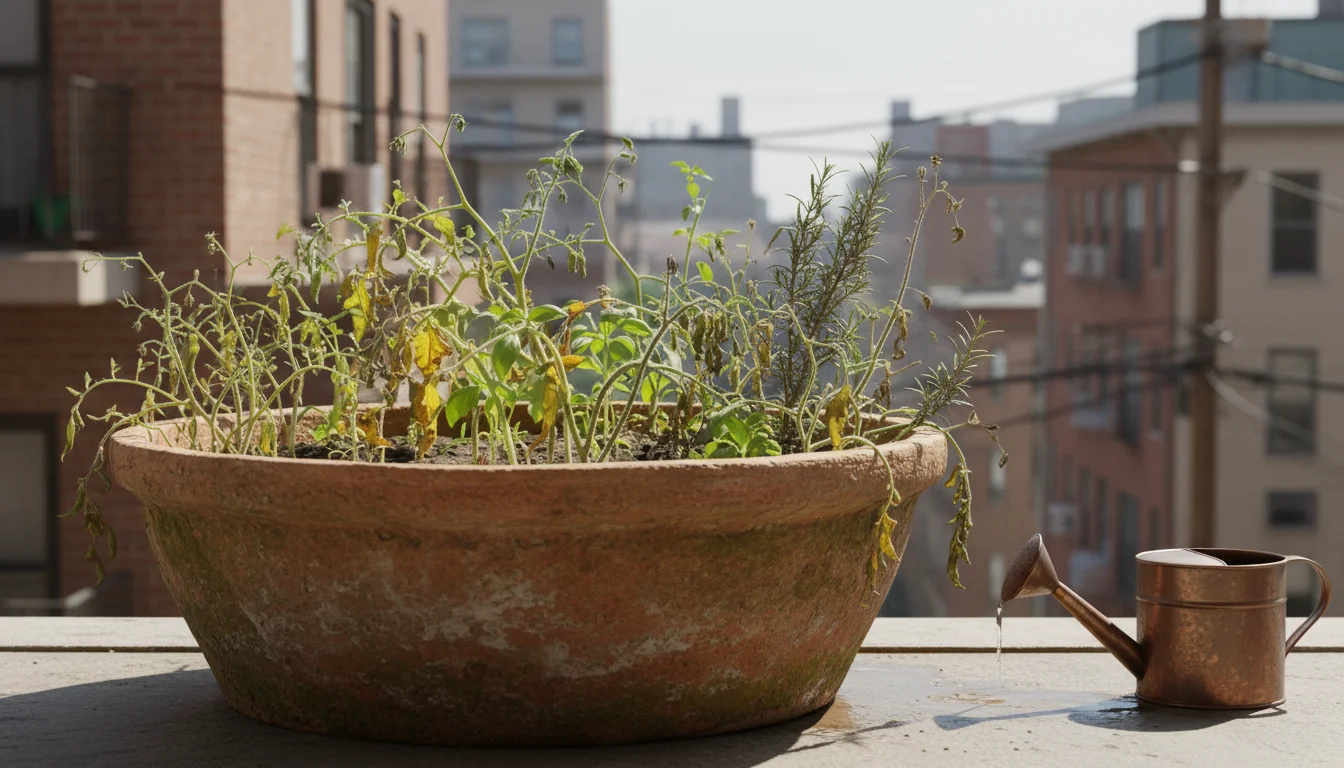 Overcrowded terracotta pot on a balcony with struggling, tangled vegetable plants, some showing yellowed leaves and dry soil.