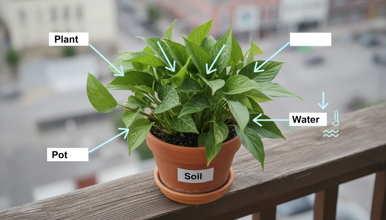 Overcrowded 30cm terracotta pot with lush houseplants. White powdery mildew on leaves. Arrows show poor airflow and water blocked by foliage.