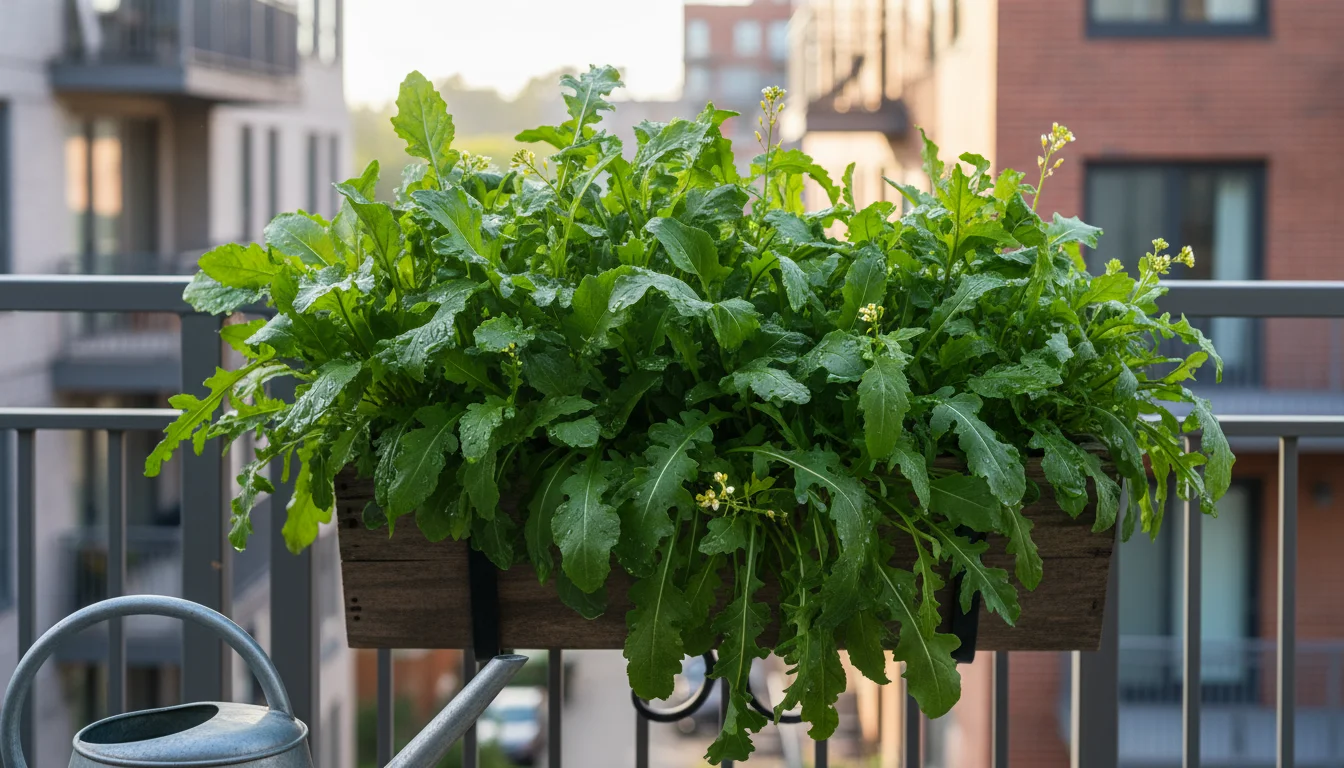 Overflowing window box on an urban balcony, featuring lush, dewy spicy mustard and wasabi arugula. A small watering can rests nearby.
