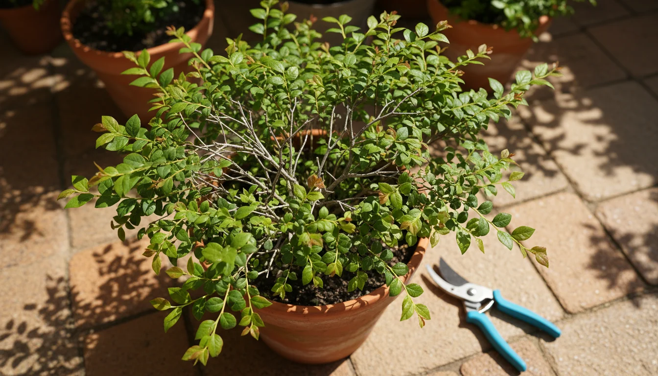 Overgrown dwarf blueberry bush in a terracotta pot on a patio, with bypass pruners resting next to it, indicating spring pruning.