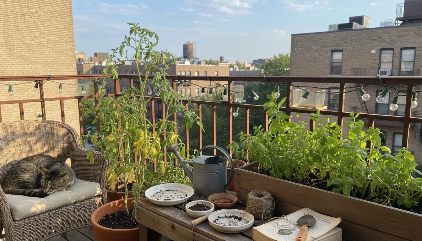 Overgrown tomato plant and crowded herbs on a city balcony. A tablet nearby displays an ideal, digitally planned garden layout.