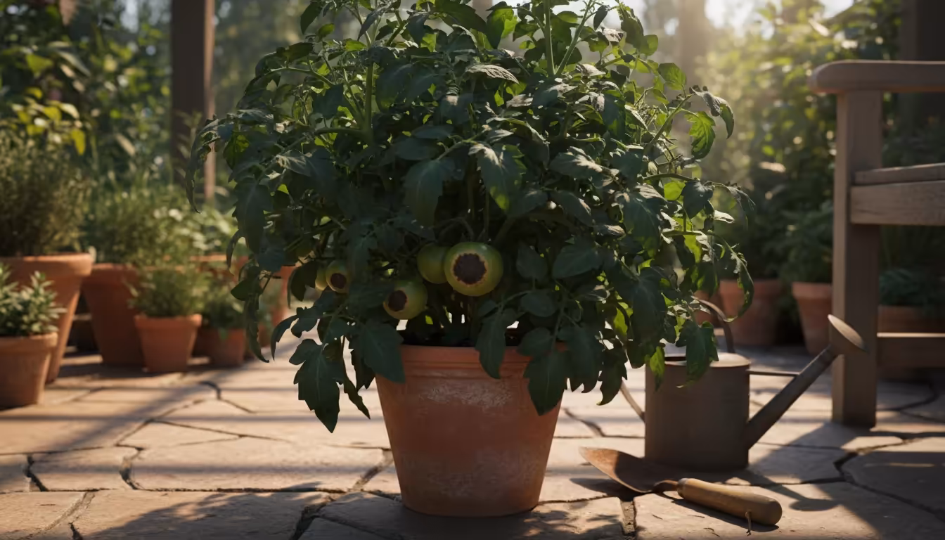 Overgrown tomato plant with dense, dark green foliage spilling from a small terracotta pot, displaying blossom end rot on developing fruit on a patio.