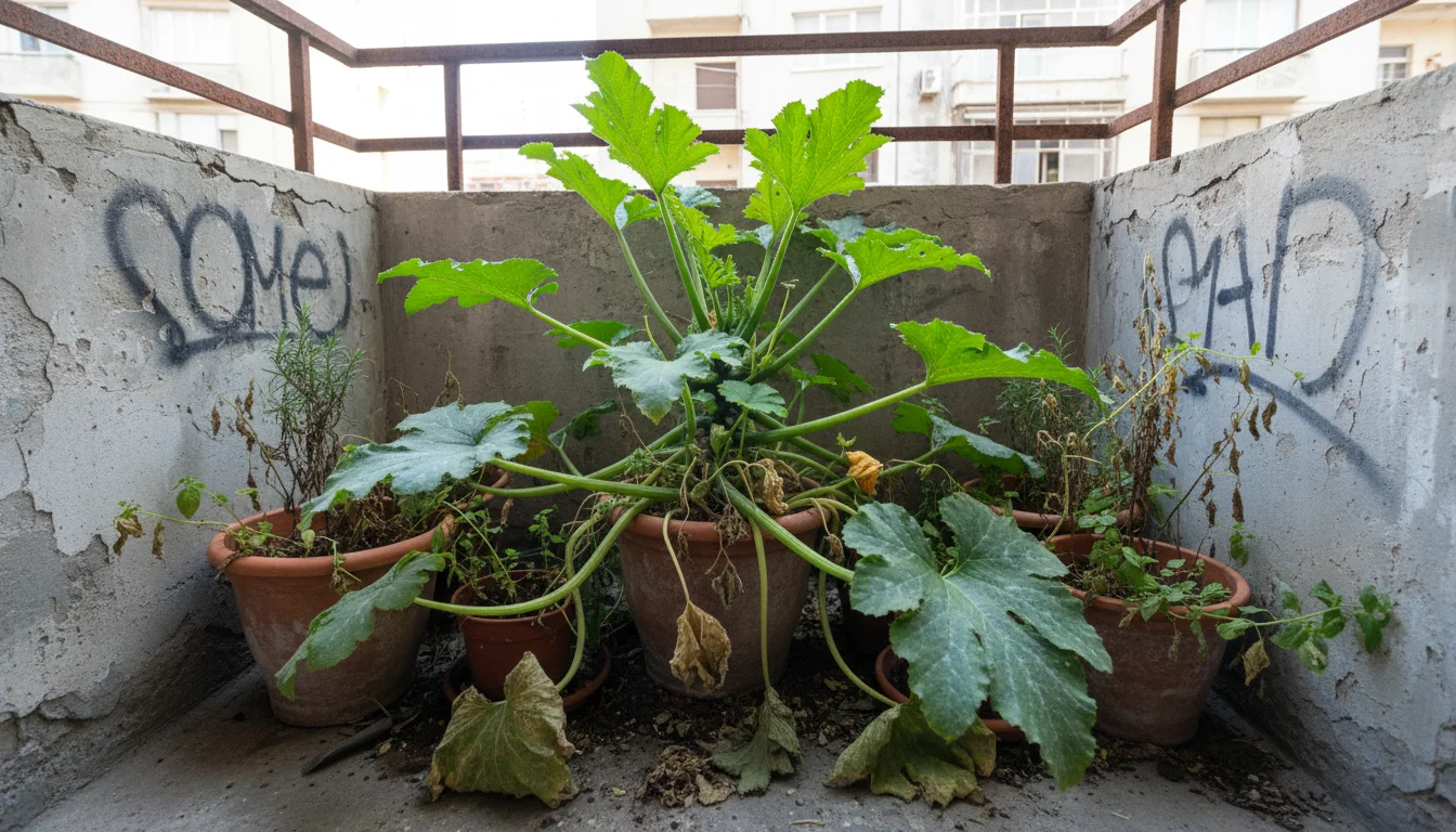 Overgrown zucchini plant spilling from a small pot, overshadowing struggling herbs on a tiny urban balcony.