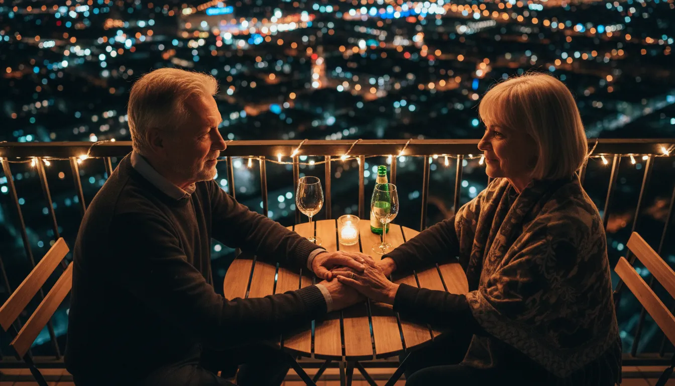 Overhead view of an older couple's hands clasped across a small bistro table on an urban balcony at night, subtly lit by distant neon city lights.