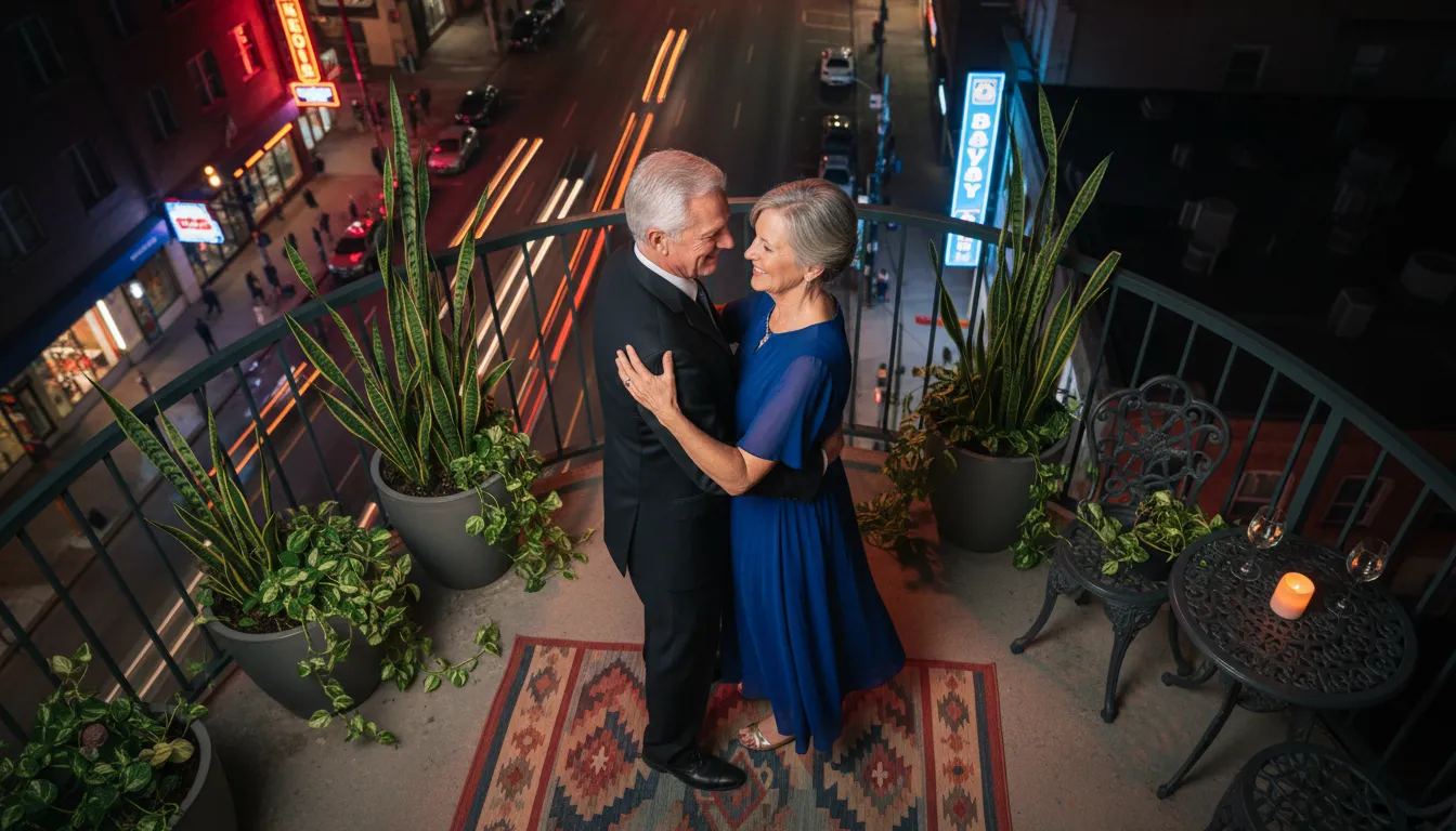 Overhead view of an older couple dancing on an urban balcony at night, surrounded by neon city lights and potted low-maintenance plants.