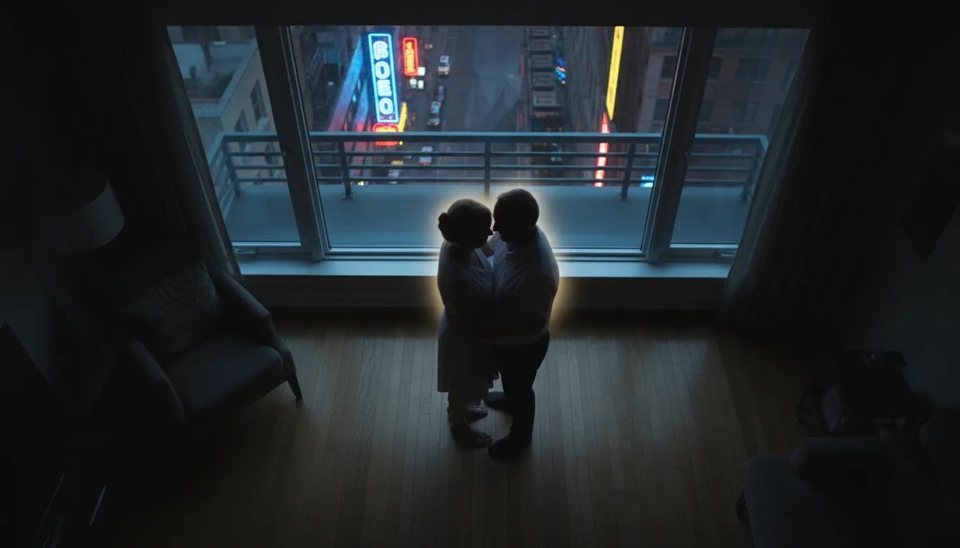An older couple seen from directly above, gently dancing in their dimly lit living room, soft neon glow from outside casting a romantic atmosphere.