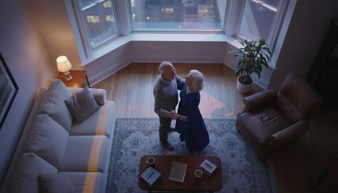 Overhead shot of an older couple in their living room at night, bathed in neon light, sharing a quiet, romantic moment.