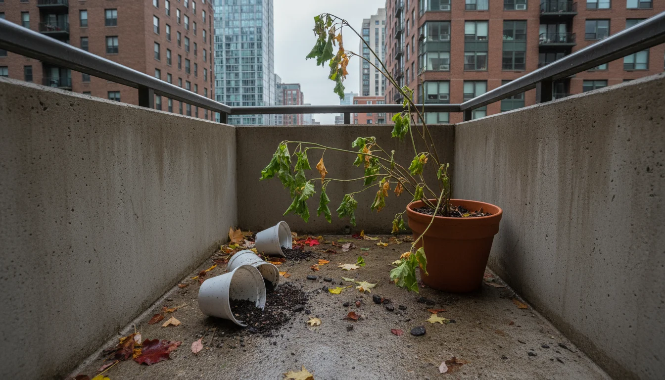 Overturned pots and wind-damaged plants on a narrow city balcony after a storm, with scattered soil and torn leaves.