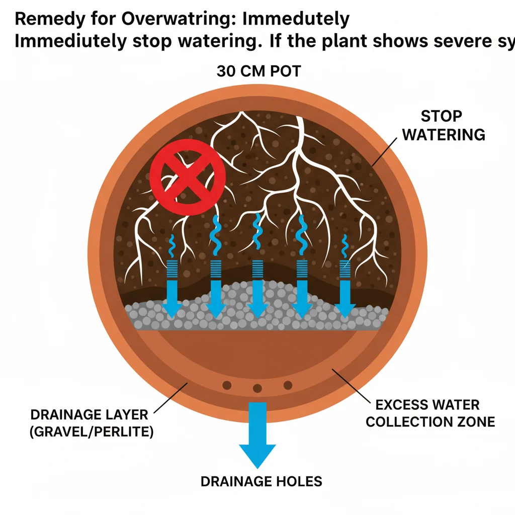 Overwatered plant rescue diagram: Waterlogged soil in 30cm pot, poor drainage. Arrows show trapped water.