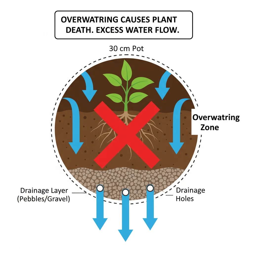 Overwatered 30cm pot diagram: Poor drainage causes plant death; stagnant water shown. Arrows indicate water flow.