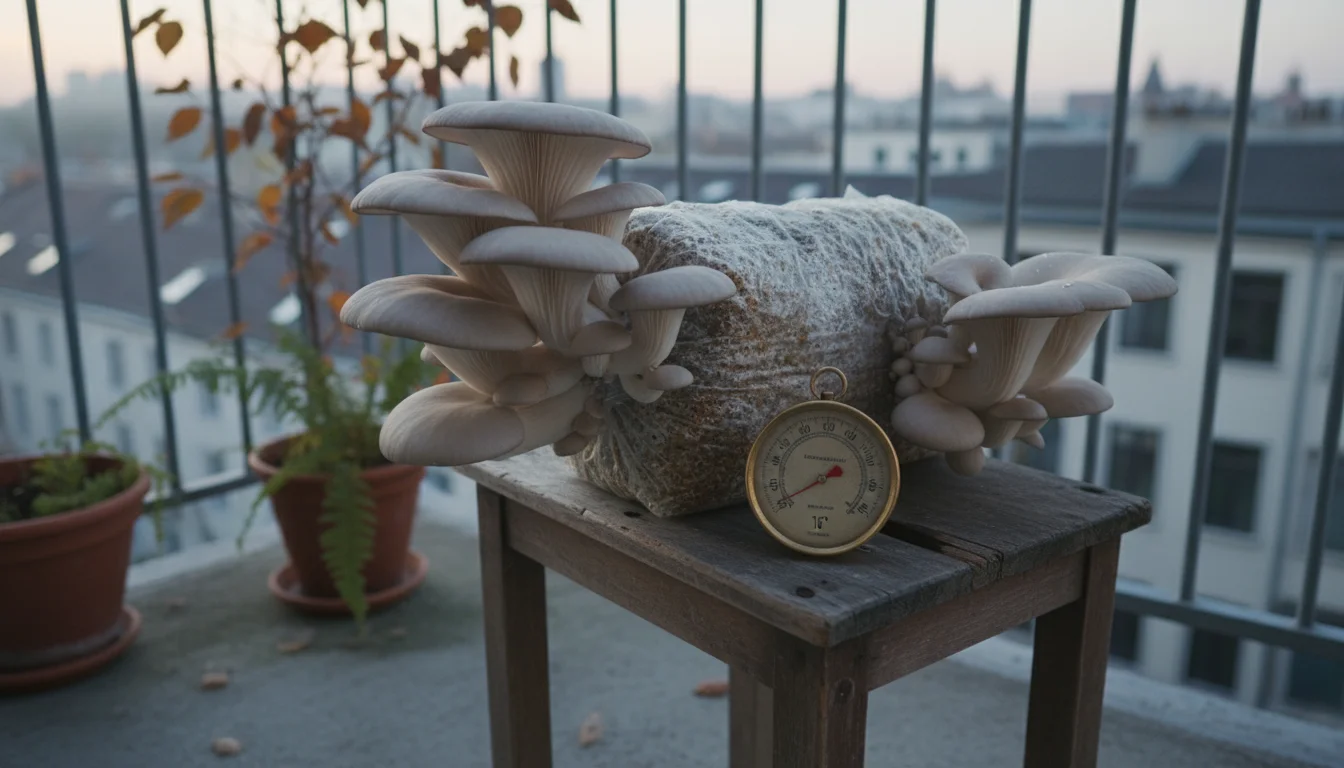 Oyster mushroom grow kit with fruiting mushrooms and a thermometer on a balcony stool, a person's hands checking it.