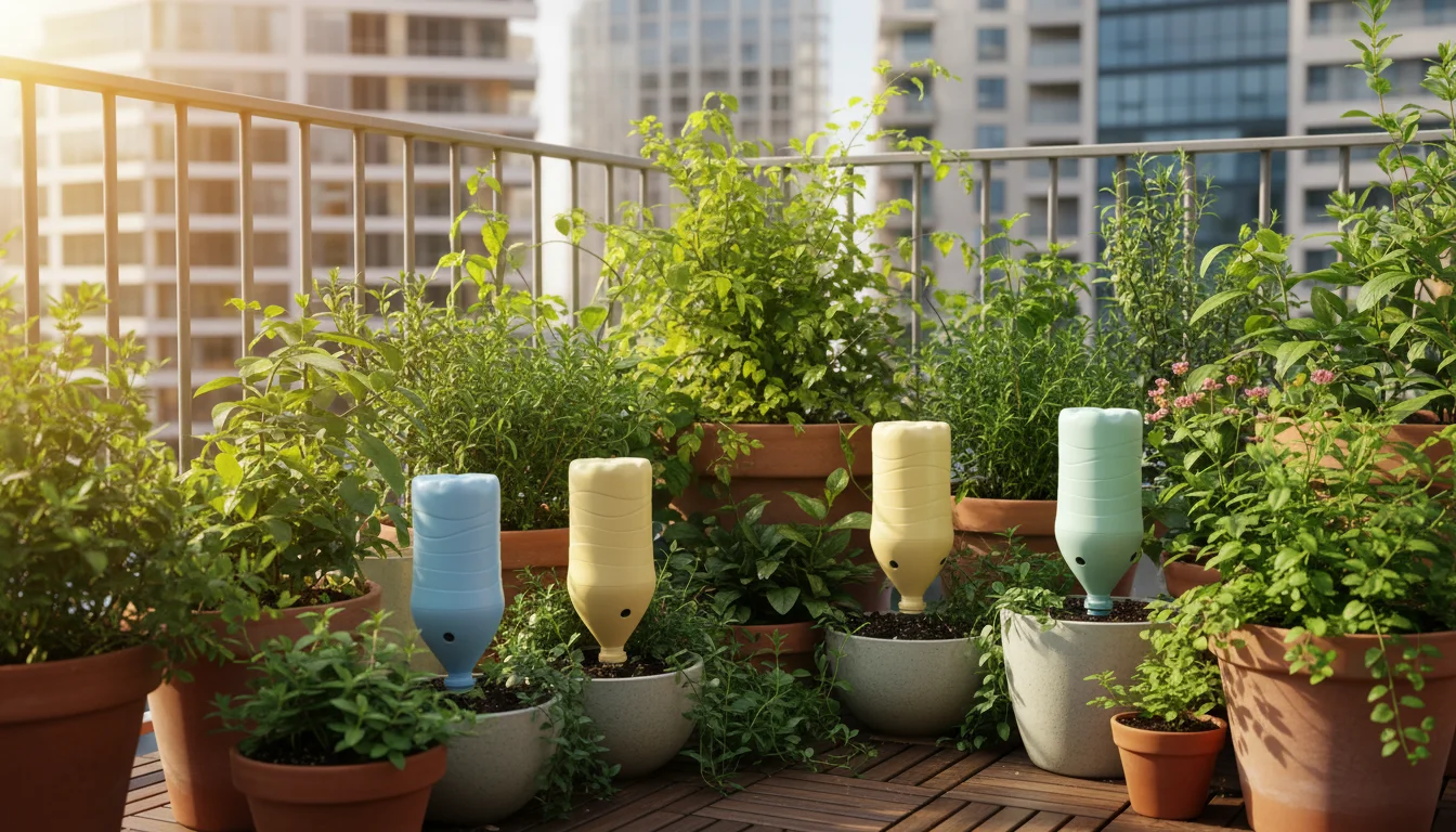 Painted DIY plastic bottle drip waterers in sky blue, creamy yellow, and pale terracotta nestled among balcony container plants, with one clear PET bo