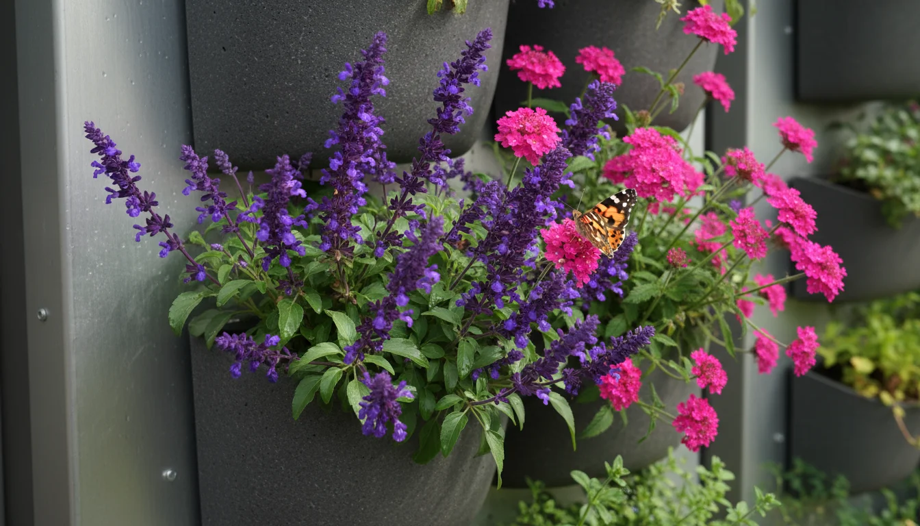 A Painted Lady butterfly rests on fuchsia verbena, surrounded by purple salvia, in a modern vertical garden planter.