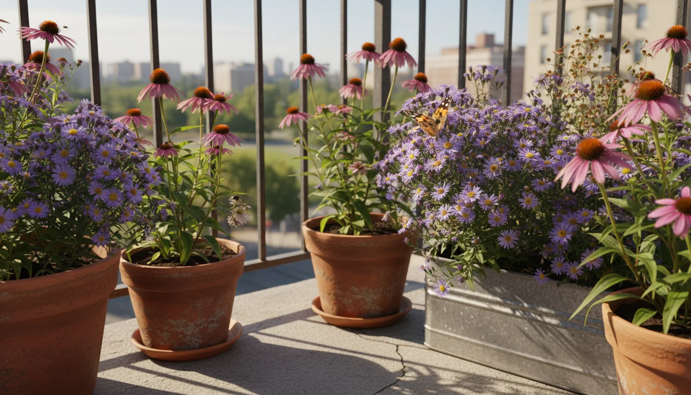 A Painted Lady butterfly sips nectar from a purple coneflower in a sunlit balcony container garden with native plants.