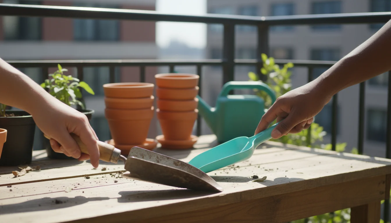 A pair of dirt-smudged hands on a wooden bench, holding a sturdy metal trowel next to a bright plastic one. Essential gardening gear is in the backgro