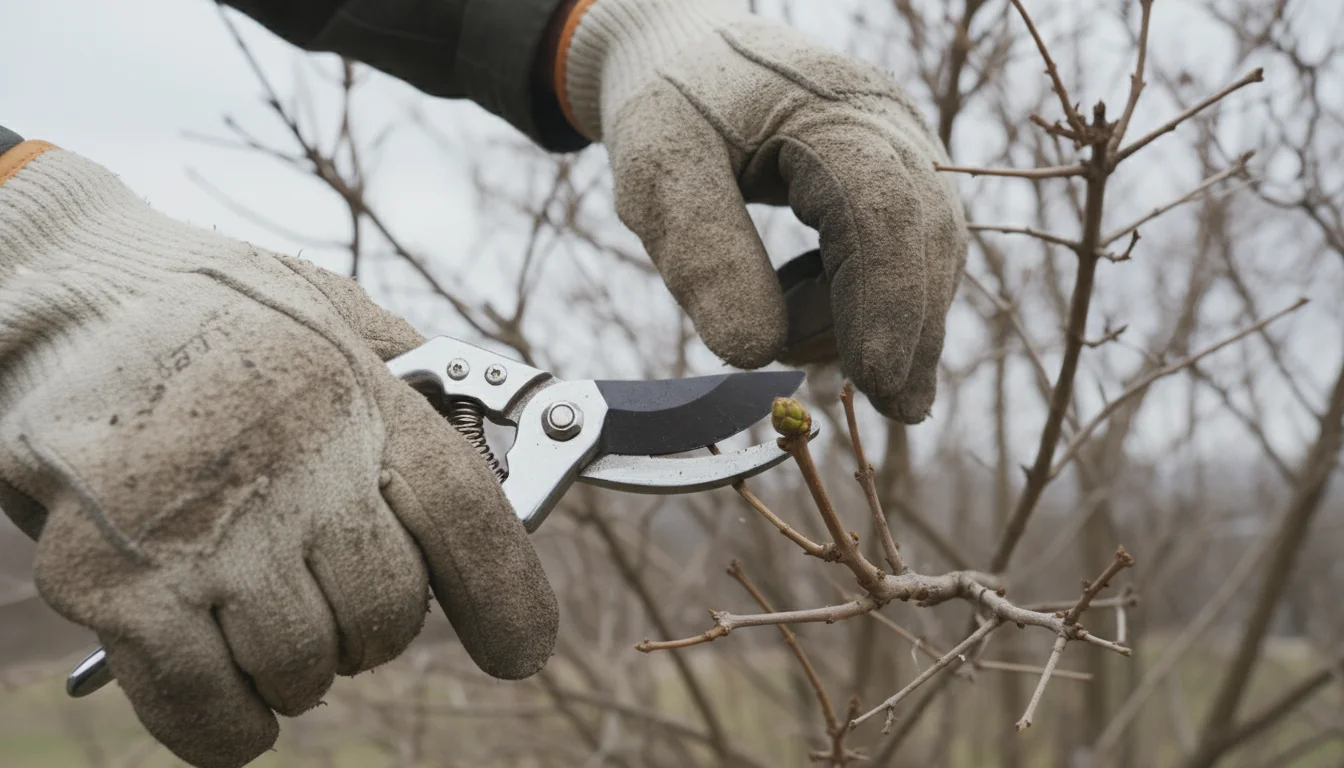 Pair of gloved hands using pruning shears to cut a dormant lilac branch just above a plump bud in a small patio garden.