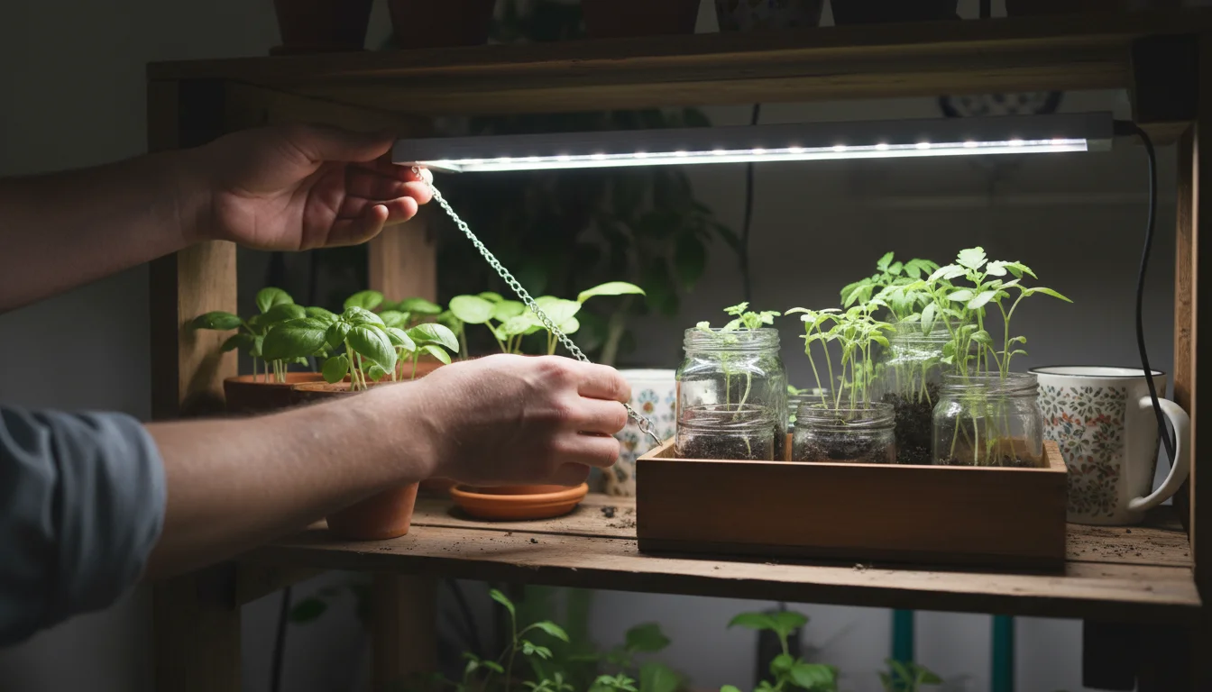 A pair of hands adjusts a DIY LED grow light hanging over a shelf filled with small, thriving basil and tomato seedlings.