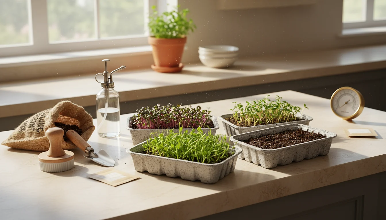 A pair of hands gently arranges basic microgreen planting supplies on a sunlit kitchen counter, including trays, soil, and seeds.