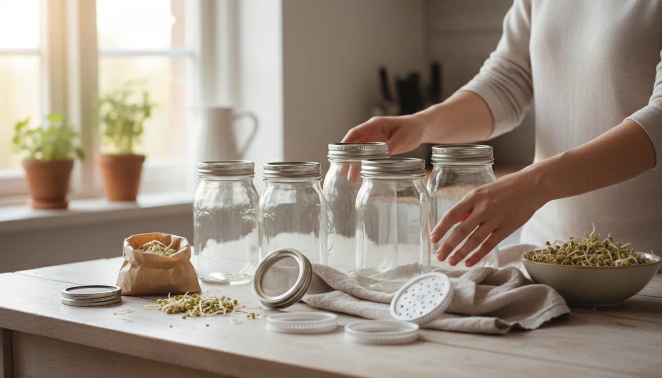 A pair of hands arranges wide-mouth mason jars with various mesh sprouting lids on a light-wood table, bathed in soft natural light.