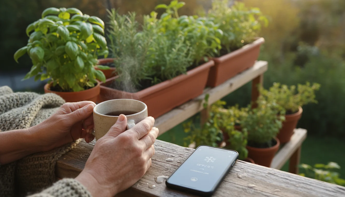 Pair of hands on a balcony railing next to a smartphone showing a frost warning, with healthy potted plants in the background.