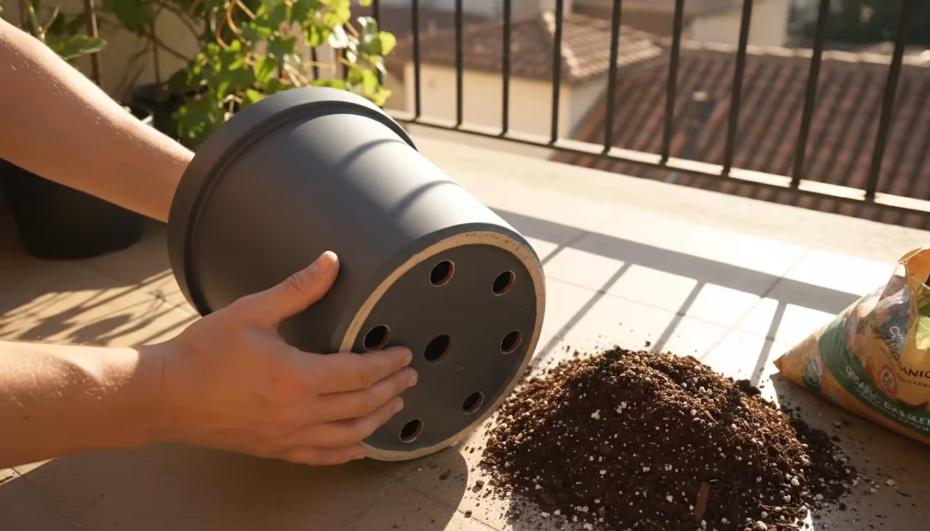 A pair of hands examining the drainage holes of a deep charcoal cylindrical pot next to a mound of rich potting mix on a sunny balcony.