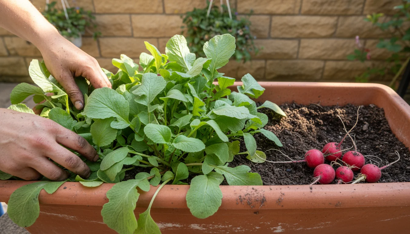 A pair of hands harvesting vibrant red radishes from a terracotta window box, with empty spots showing where others were just pulled.