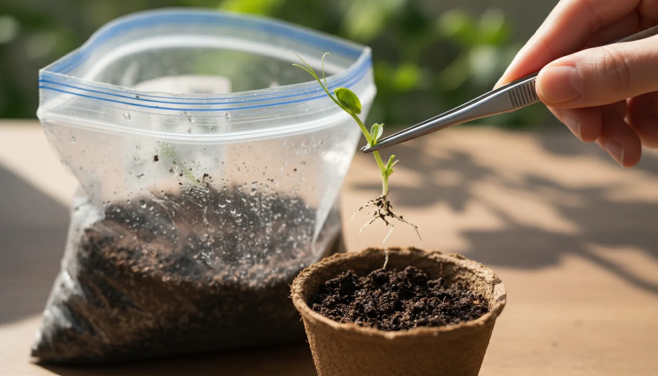 A pair of hands gently lifts a tiny pea sprout with delicate white roots from a clear ziplock bag using tweezers, ready for a small peat pot.