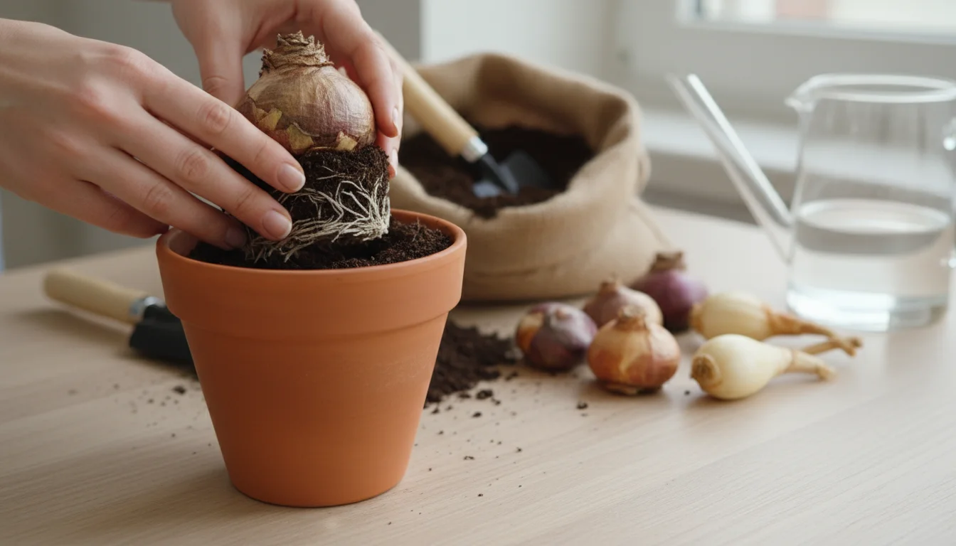 A pair of hands gently placing a hyacinth bulb into a terracotta pot filled with soil on a wooden table. Other dormant bulbs and a clear glass forcing