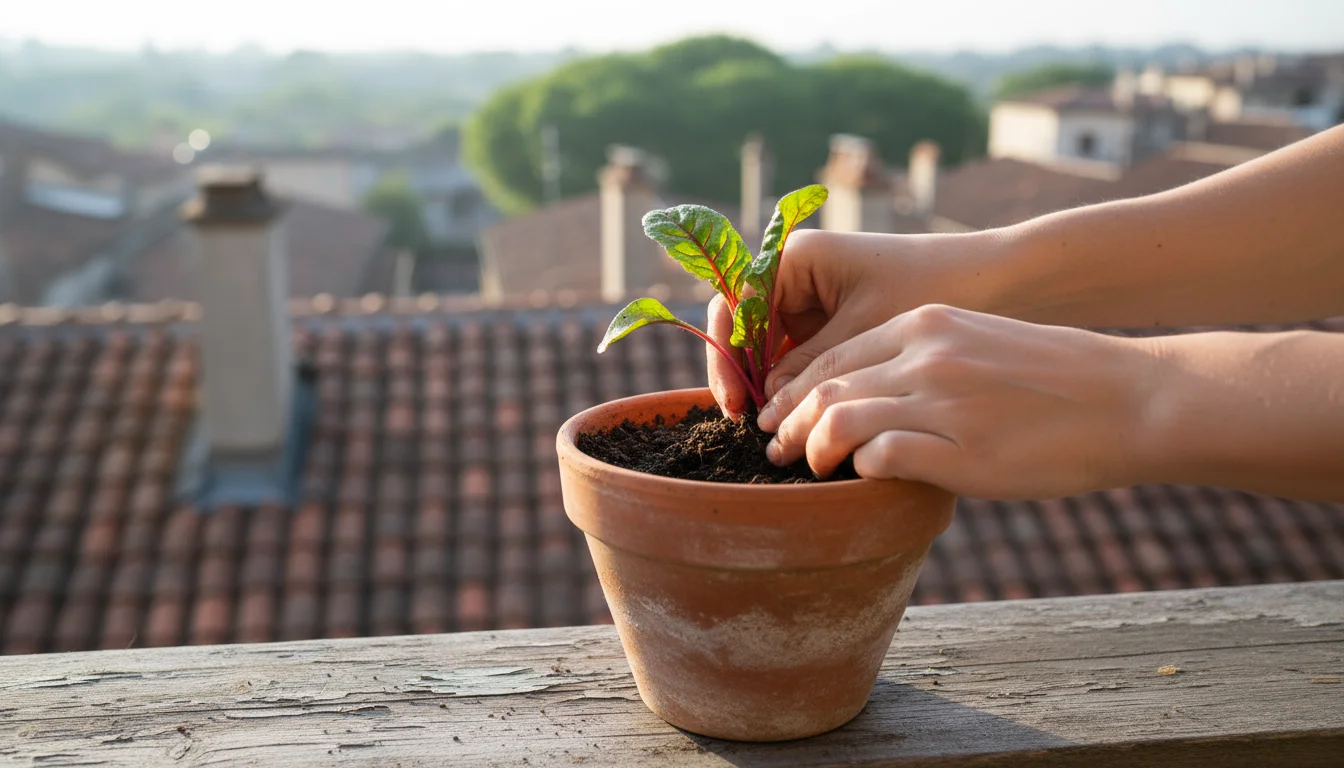 A pair of hands gently placing a vibrant red-stemmed Swiss chard seedling into a terracotta pot on a sunny urban balcony railing.