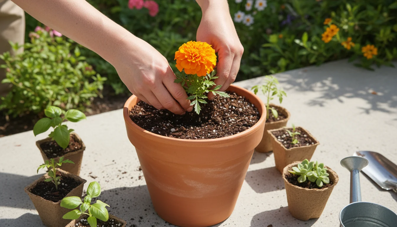 A pair of hands carefully planting a vibrant orange marigold seedling into a terracotta pot filled with dark potting mix, surrounded by other plant st