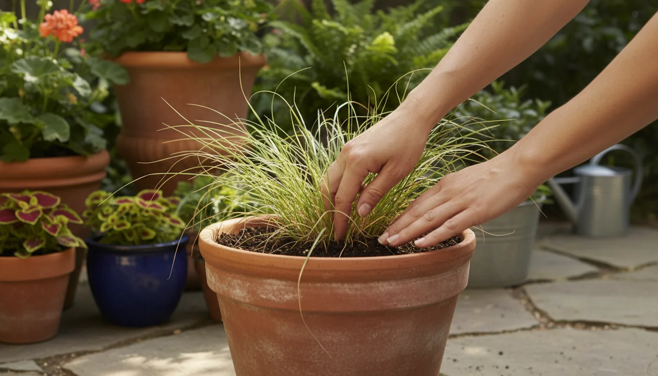 A pair of hands gently probes the soil in a terracotta pot containing ornamental grass with slightly yellowed tips.